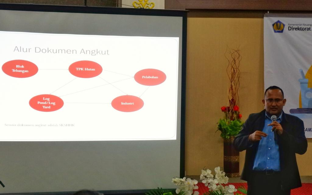 Pemateri sedang menjelaskan alur proses bisnis kayu dari hulu ke hilir.