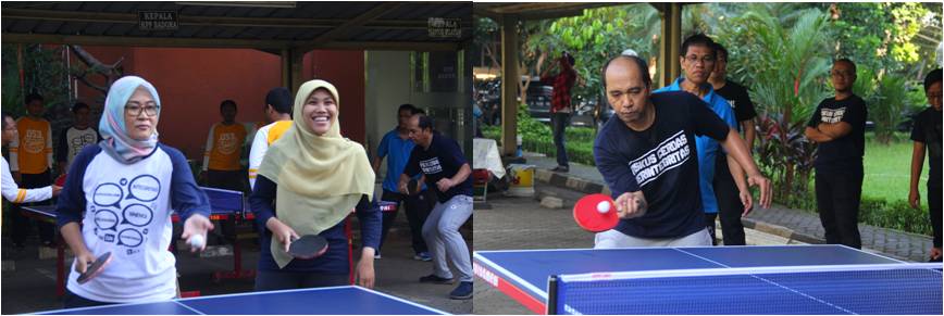Tim putri PMA Satu (kiri) dan tim putra PMA Satu (kanan) bertanding tenis meja