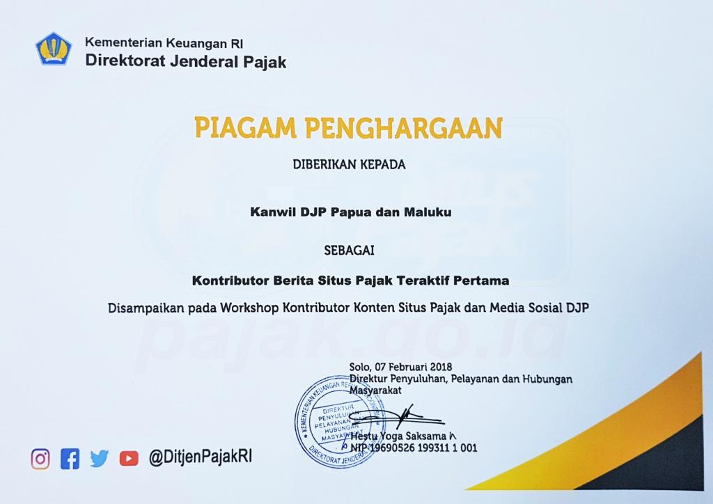 Kanwil DJP Papua dan Maluku memperoleh penghargaan kategori kontributor berita situs pajak teraktif
